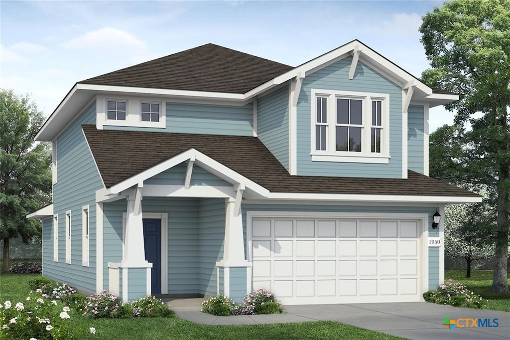 view of front facade featuring an attached garage, roof with shingles, and concrete driveway