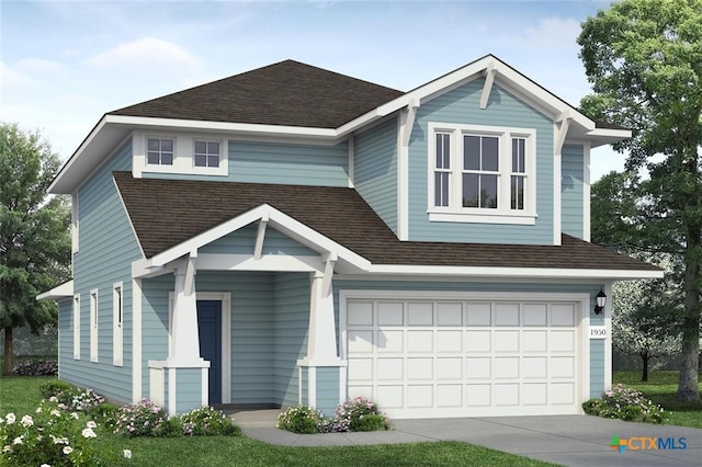 view of front facade featuring an attached garage, roof with shingles, and concrete driveway