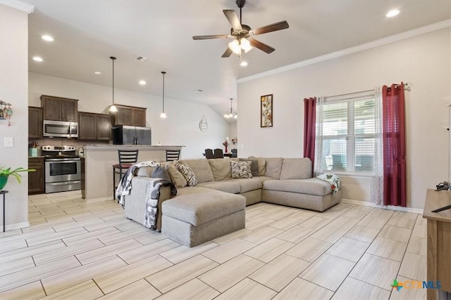 6407 Serpentine Dr, Killeen, TX 76542 - living area with ornamental molding, ceiling fan, recessed lighting, and wood finish floors