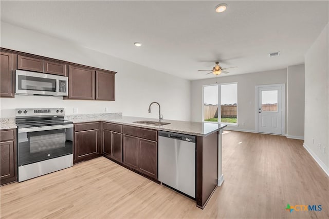 kitchen with sink, stainless steel appliances, dark brown cabinetry, kitchen peninsula, and light wood-type flooring