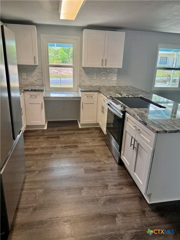 kitchen featuring white cabinets, a peninsula, appliances with stainless steel finishes, and a healthy amount of sunlight