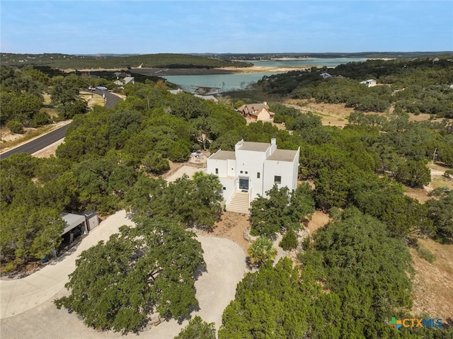 drone / aerial view with a water view