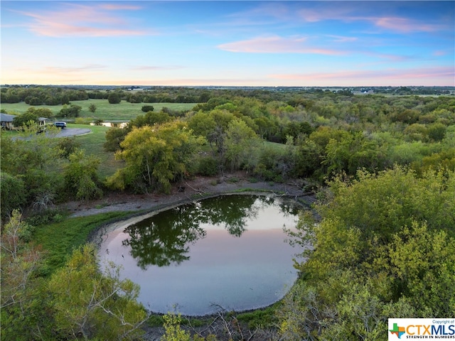 aerial view at dusk featuring a water view