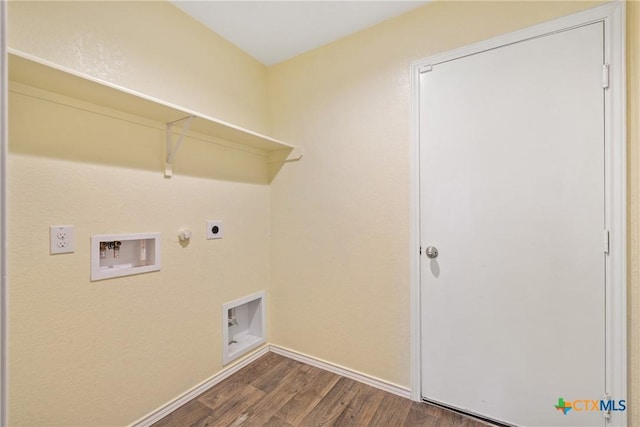 837 Margay Loop, Seguin, TX 78155 - laundry area featuring dark wood-style flooring, gas dryer hookup, hookup for an electric dryer, hookup for a washing machine, and baseboards