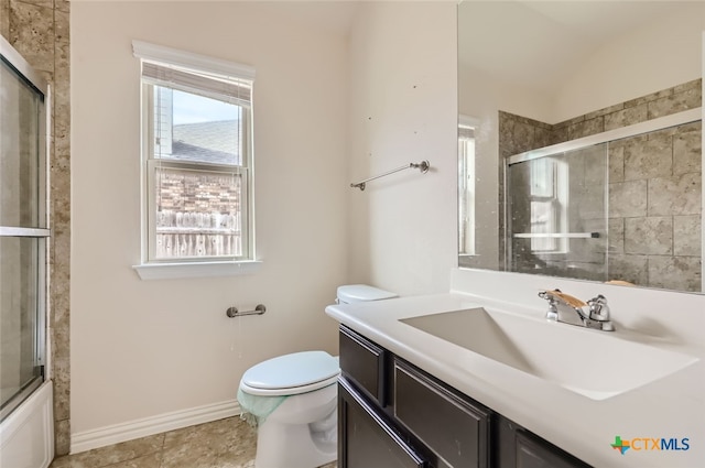 full bathroom with tile patterned flooring, enclosed tub / shower combo, vanity, lofted ceiling, and toilet