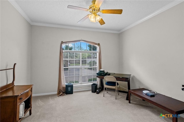 carpeted office space with crown molding, a textured ceiling, a ceiling fan, and baseboards