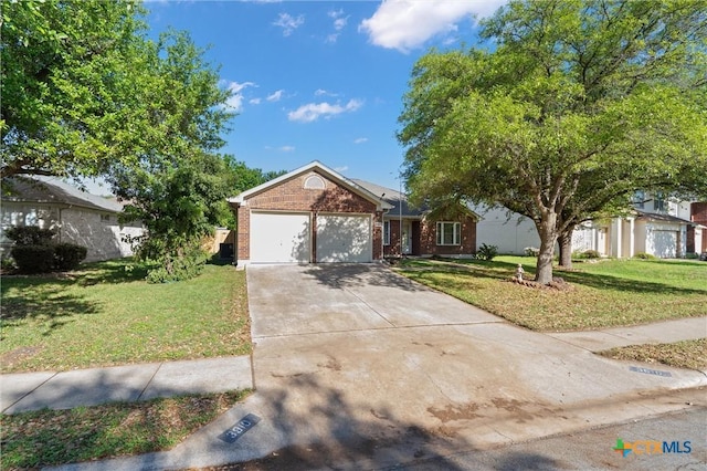 ranch-style house featuring concrete driveway, brick siding, a garage, and a front lawn
