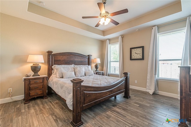 bedroom with a tray ceiling, ceiling fan, and dark hardwood / wood-style flooring