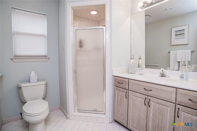 bathroom with vanity, tile patterned flooring, toilet, and walk in shower