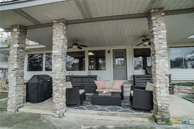 view of patio / terrace with ceiling fan, grilling area, and an outdoor hangout area