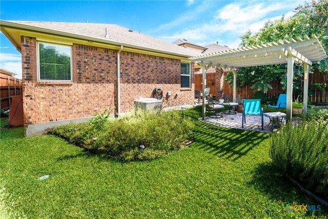 back of property with a patio, a yard, cooling unit, and a pergola