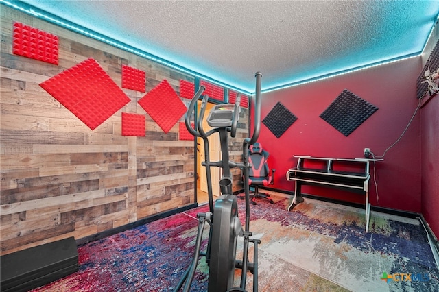 3909 Alderwood Ln, Temple, TX 76502 - exercise area with a textured ceiling and wood walls