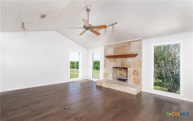 525 Teague Dr, Moody, TX 76557 - unfurnished living room featuring a ceiling fan, lofted ceiling, wooden ceiling, wood finished floors, and a fireplace