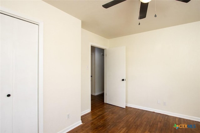 1004 Estes Dr, Killeen, TX 76541 - unfurnished bedroom with a closet, baseboards, a ceiling fan, and wood-type flooring