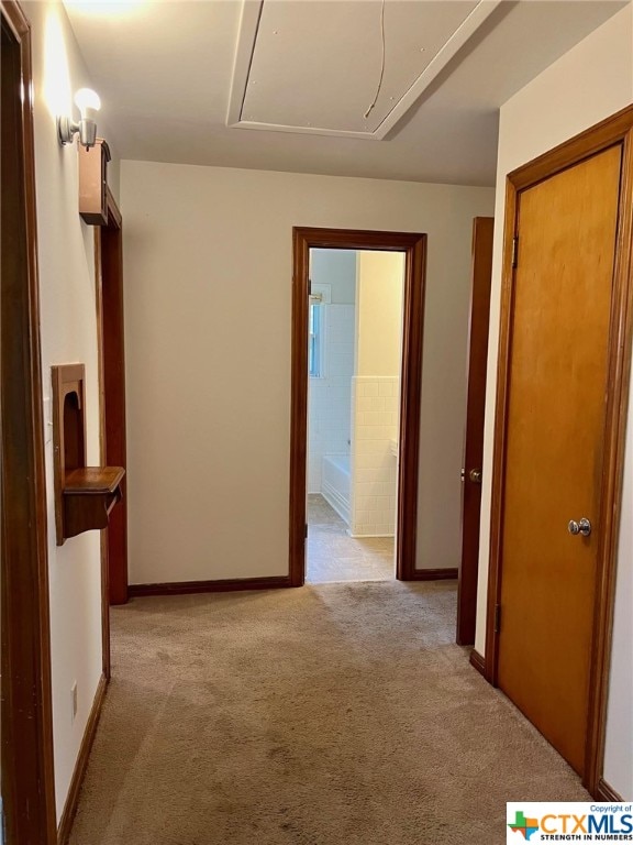 hallway featuring light carpet