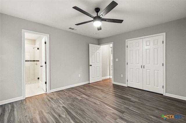 1935 Ross Ave, Waco, TX 76706 - unfurnished bedroom with dark wood finished floors, baseboards, a closet, and ceiling fan