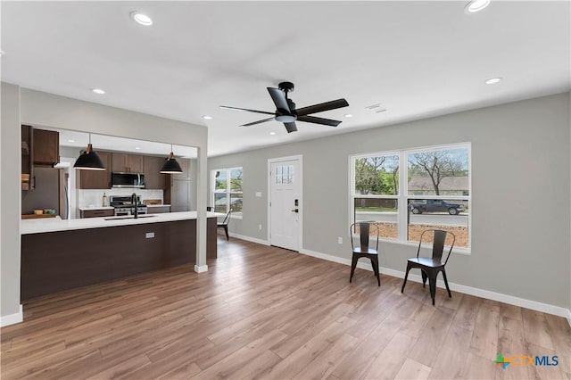 594 E S St, New Braunfels, TX 78130 - kitchen with stainless steel appliances, light countertops, dark brown cabinetry, a ceiling fan, and light wood finished floors