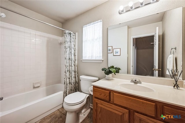 full bathroom with shower / bath combination with curtain, tile patterned flooring, vanity, and toilet