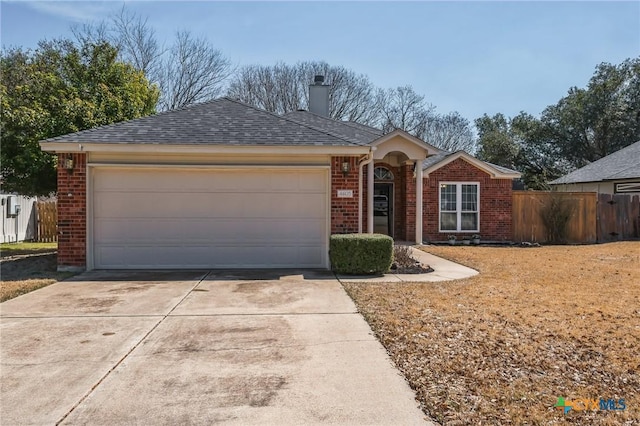 ranch-style home featuring driveway, brick siding, a chimney, and fence