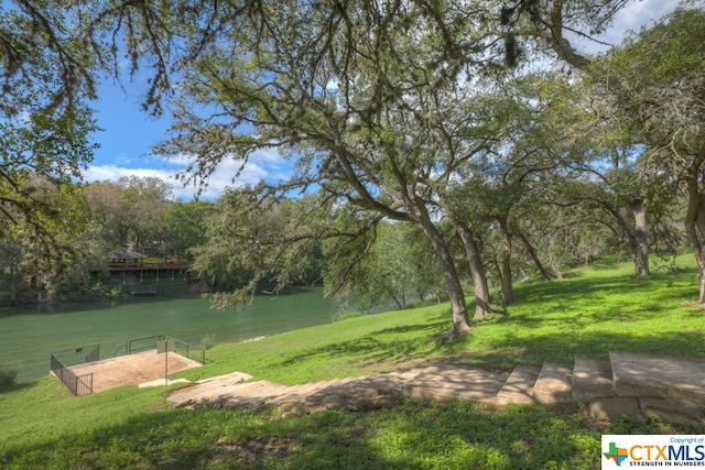 view of community featuring a water view and a lawn