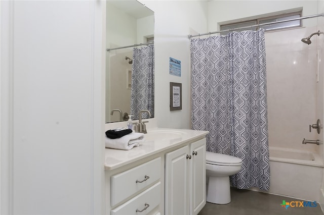 full bathroom with vanity, shower / bath combination with curtain, and toilet