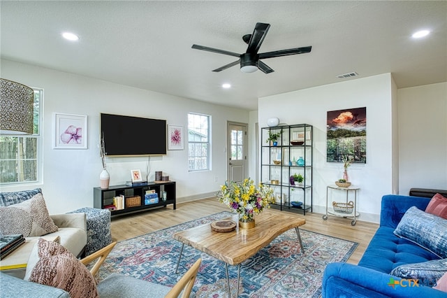 living room with wood-type flooring and ceiling fan