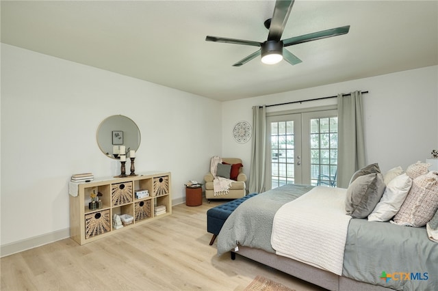 bedroom with french doors, access to outside, light hardwood / wood-style floors, and ceiling fan