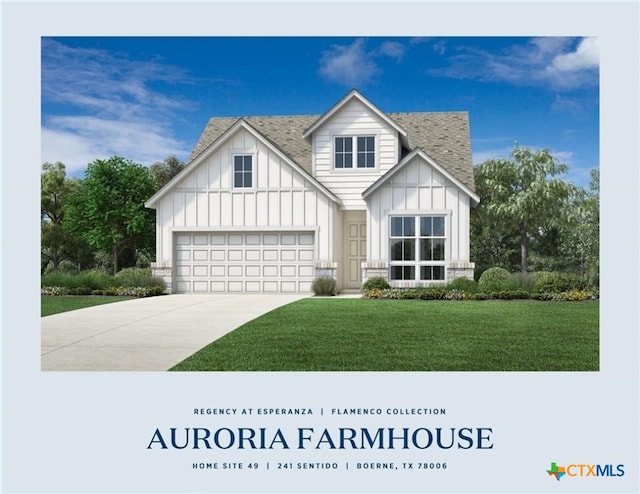 241 Sentido, Boerne, TX 78006 - view of front of property with board and batten siding, driveway, roof with shingles, and a front lawn
