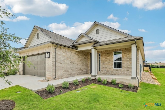 1516 Dancing Oak Ln, San Marcos, TX 78666 - ranch-style house with brick siding, a porch, an attached garage, and a front yard