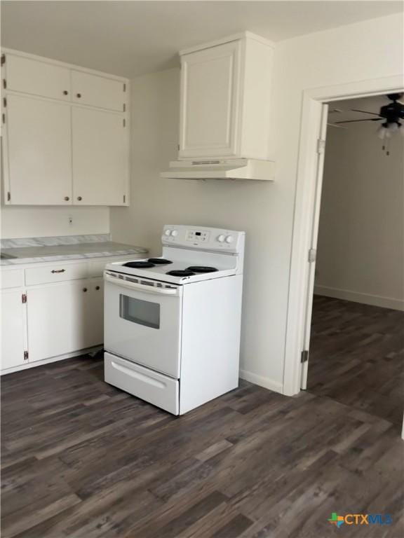 kitchen with white cabinetry, light countertops, white range with electric stovetop, and under cabinet range hood