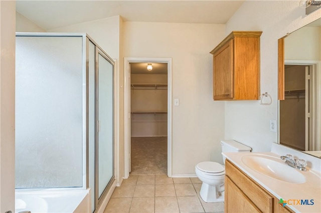 full bathroom featuring visible vents, tile patterned floors, a stall shower, and toilet