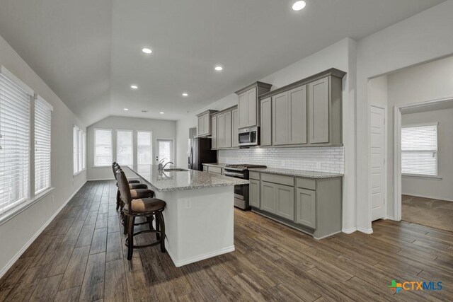 kitchen with gray cabinets, sink, a kitchen island with sink, light stone counters, and stainless steel appliances