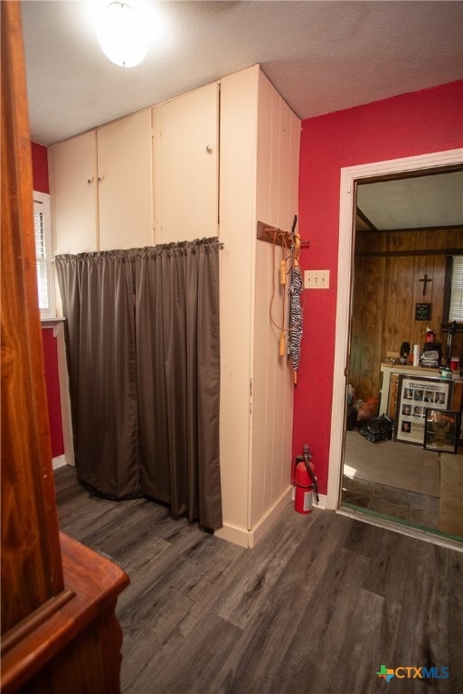 interior space with wood walls and wood-type flooring