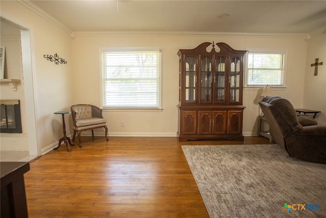 living area with a brick fireplace, plenty of natural light, and wood-type flooring