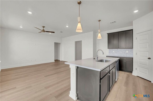 kitchen featuring appliances with stainless steel finishes, white cabinetry, backsplash, light hardwood / wood-style floors, and an island with sink