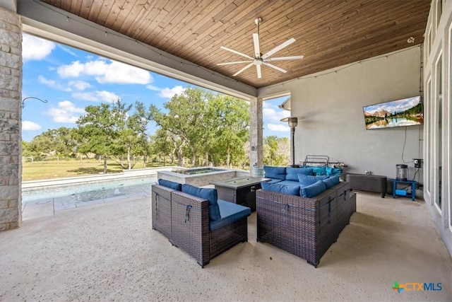292 Scenic Cyn, New Braunfels, TX 78132 - view of patio / terrace with a ceiling fan, an outdoor living space, an in-ground hot tub, and an outdoor pool