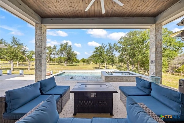 292 Scenic Cyn, New Braunfels, TX 78132 - view of patio with an outdoor living space, ceiling fan, an outdoor pool, and an outdoor kitchen