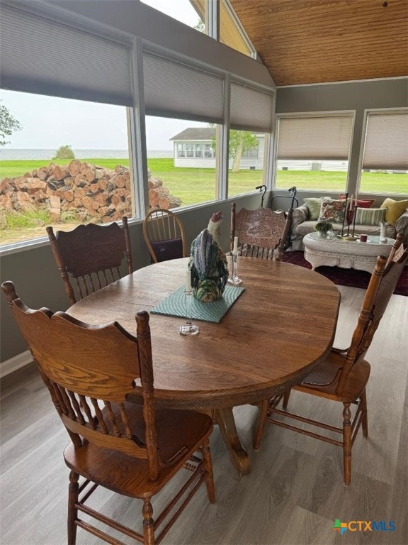 1608 S Virginia St, Port Lavaca, TX 77979 - dining space with wood finished floors, wooden ceiling, and lofted ceiling