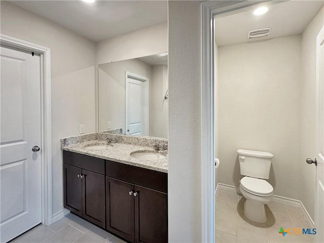 bathroom featuring vanity, toilet, and tile patterned flooring