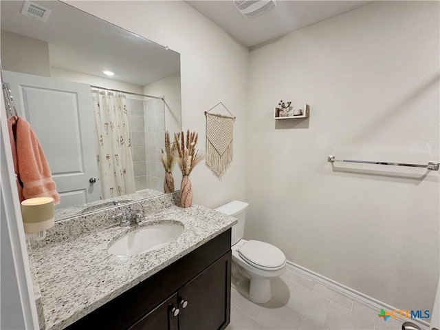 bathroom featuring tile patterned flooring, walk in shower, vanity, and toilet