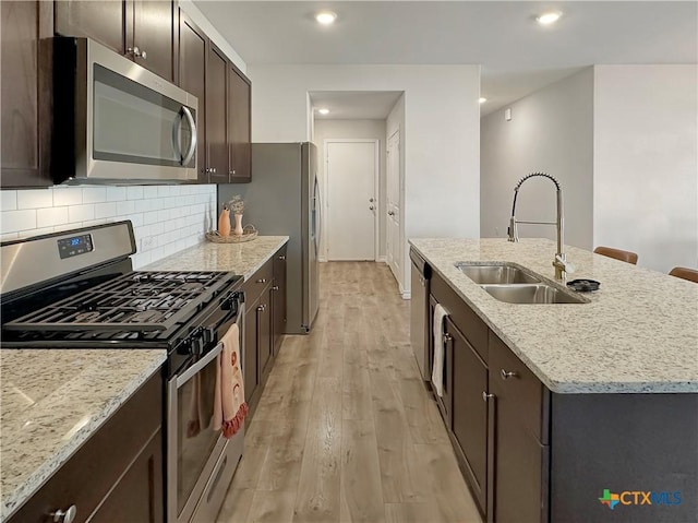 kitchen featuring sink, light hardwood / wood-style flooring, an island with sink, stainless steel appliances, and backsplash