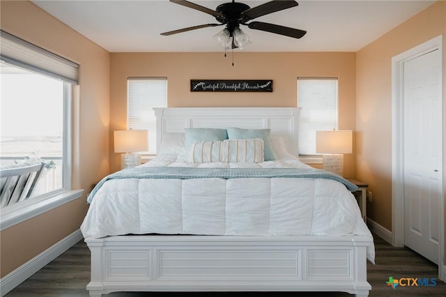 bedroom featuring multiple windows, dark wood-type flooring, and ceiling fan