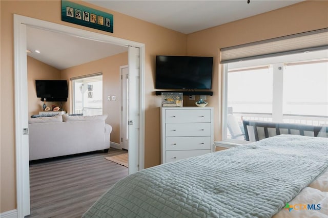 bedroom with vaulted ceiling, multiple windows, and wood-type flooring