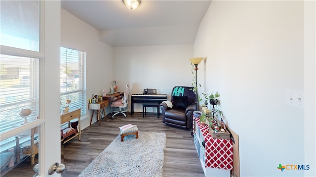 living area with hardwood / wood-style flooring and lofted ceiling