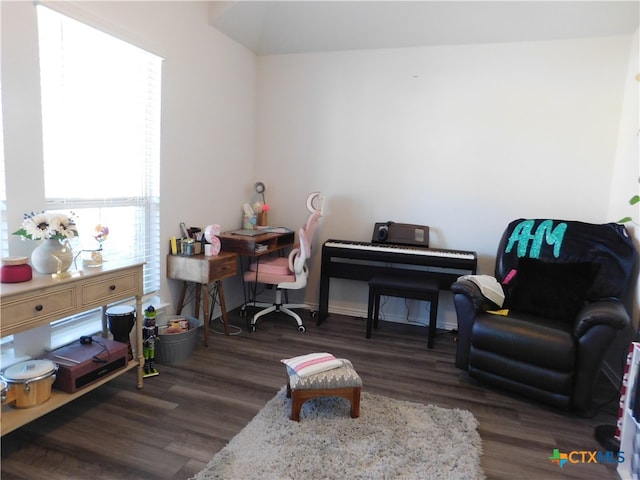 sitting room with a healthy amount of sunlight, dark hardwood / wood-style flooring, and lofted ceiling