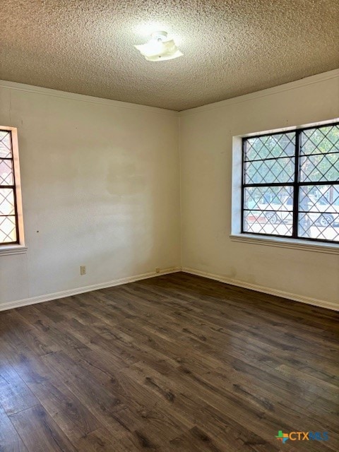 empty room with a textured ceiling, a wealth of natural light, and dark hardwood / wood-style floors