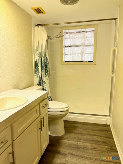 bathroom featuring hardwood / wood-style floors, vanity, curtained shower, and toilet