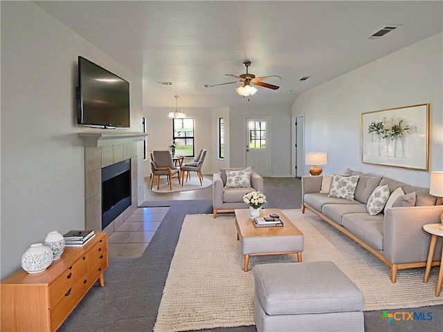 1116 Marlee Cir, Copperas Cove, TX 76522 - living room with ceiling fan, a fireplace, and carpet flooring