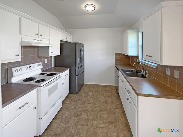 1116 Marlee Cir, Copperas Cove, TX 76522 - kitchen with stainless steel appliances, under cabinet range hood, dark countertops, white cabinets, and lofted ceiling