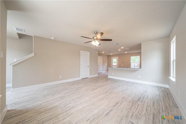 unfurnished living room featuring light wood-style flooring, a sink, visible vents, baseboards, and ceiling fan